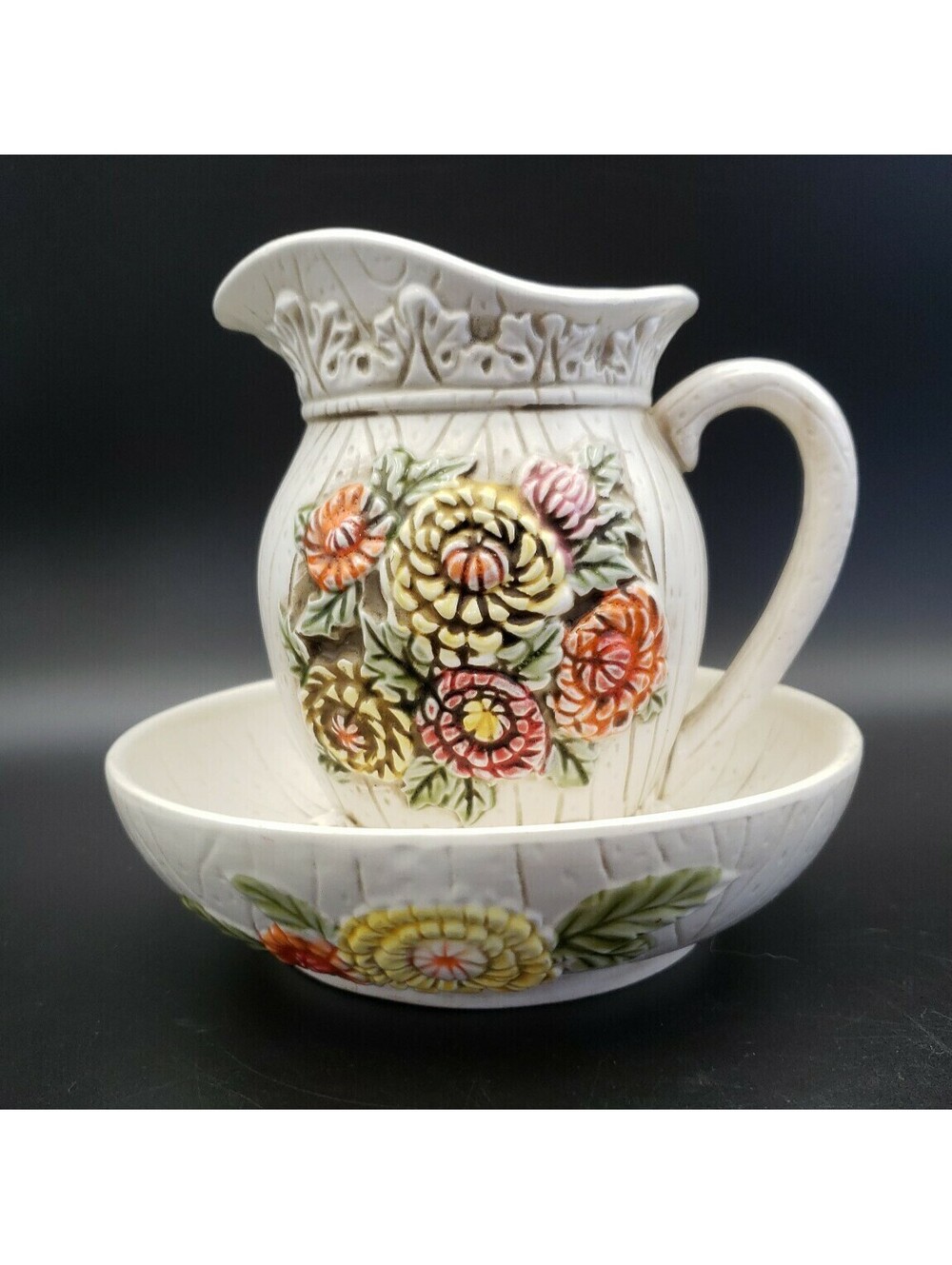 Vintage Lefton Wash Basin Pitcher & Bowl Flowers Yellow Red Pink Ceramic Florals